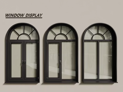Black Arched Top Casement Windows Display Three Double Panel Units Mounted On Beige Wall 3d model