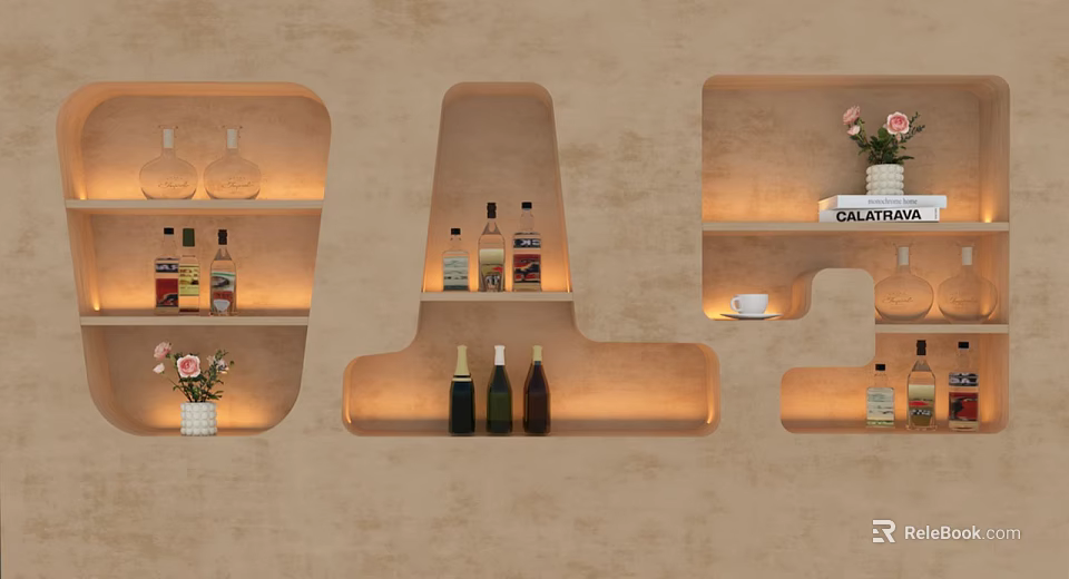 Modern Wall Design with Built in Shelves Holding Wine Bottles and Decorative Vases 3d model 