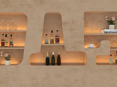 Modern Wall Design with Built in Shelves Holding Wine Bottles and Decorative Vases 3d model