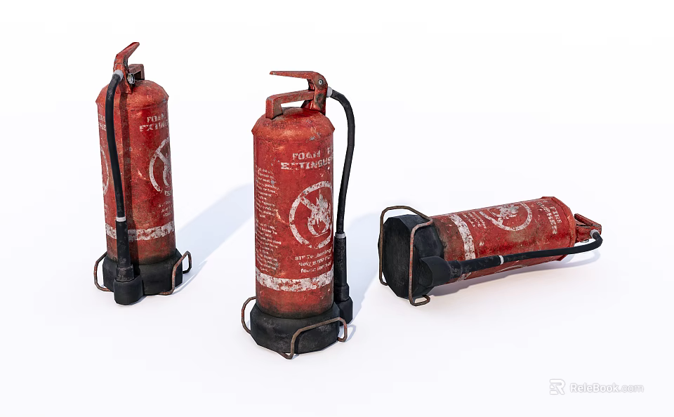 Three Red Vintage Fire Extinguishers With Label Details And Safety Gear 3d model 