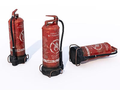 Three Red Vintage Fire Extinguishers With Label Details And Safety Gear 3d model