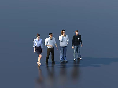 Four People Standing Together In Casual Clothes On Dark Reflective Surface 3d model