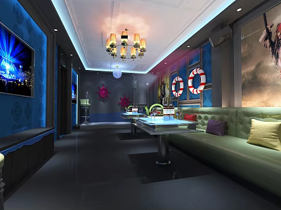 Modern KTV Interior Design With Chandelier Green Sofa TV Screen And Decorative Elements 3d model