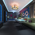 Modern KTV Interior Design With Chandelier Green Sofa TV Screen And Decorative Elements