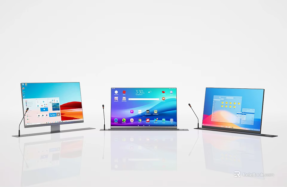 Three Modern Computer Monitors Featuring Different Screen Displays Sleek Stands And App Icons 3d model 