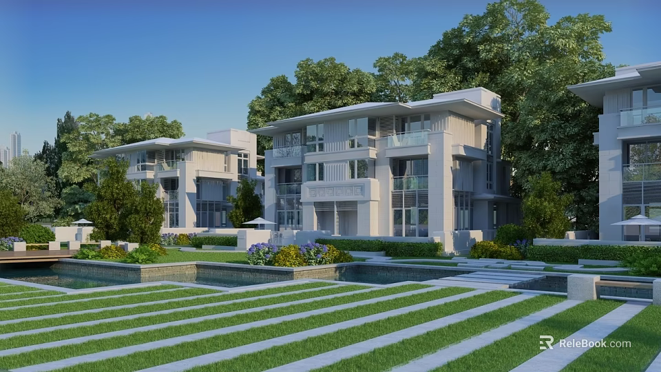 Modern Detached Villa With Lush Greenery Swimming Pool And Well Maintained Lawn 3d model 
