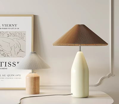 Modern Table Lamps With Brown Fan Shade White Ceramic Body And Wooden Base 3d model