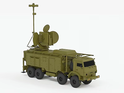 Military Mobile Communication Truck With Large Radar Antenna And Satellite Dish 3d model