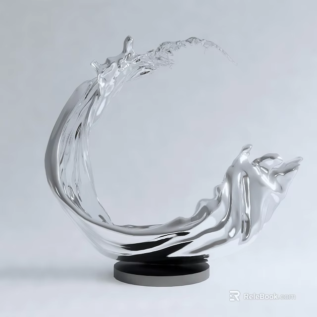 Flowing Silver Wave Sculpture with Dynamic Form and Polished Surface on Black Base 3d model 