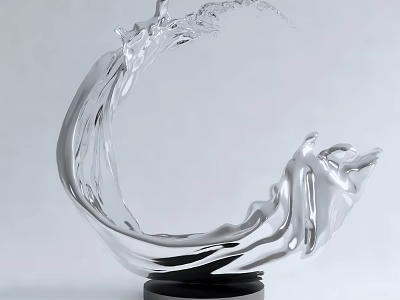 Flowing Silver Wave Sculpture with Dynamic Form and Polished Surface on Black Base 3d model