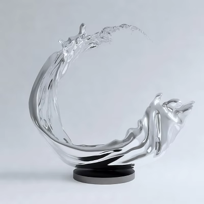 Flowing Silver Wave Sculpture with Dynamic Form and Polished Surface on Black Base 3d model