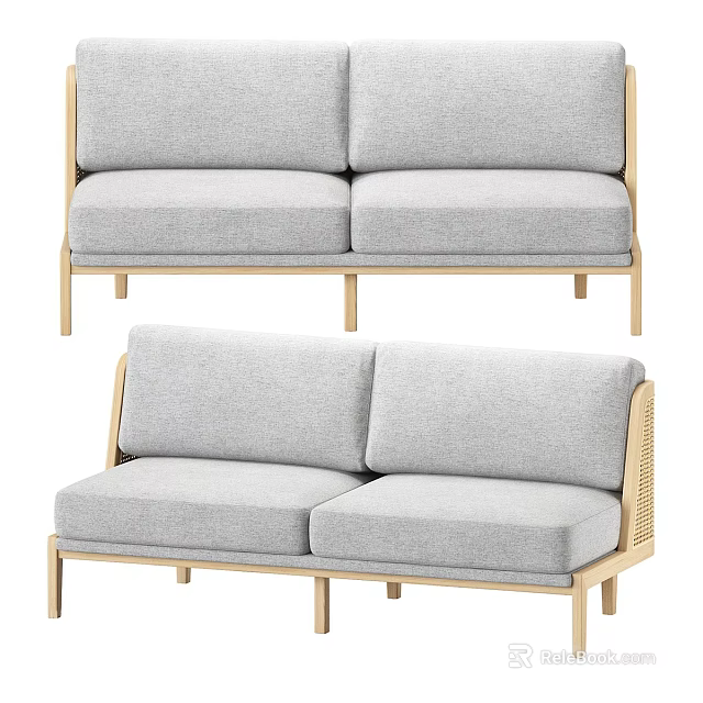 Modern Minimalist Gray Upholstered Two Seater Sofa With Light Wood Frame 3d model 