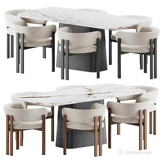 Elegant Modern Dining Table Set With Marble Top And Light Padded Chairs 3d model
