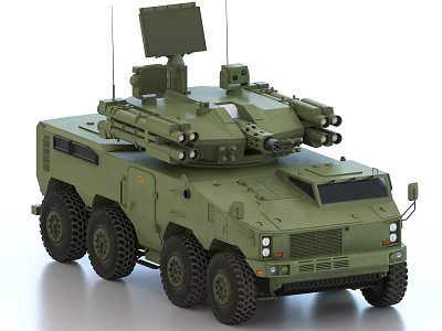 Military Green Wheeled Armored Vehicle With Integrated Weapon System And Launchers 3d model