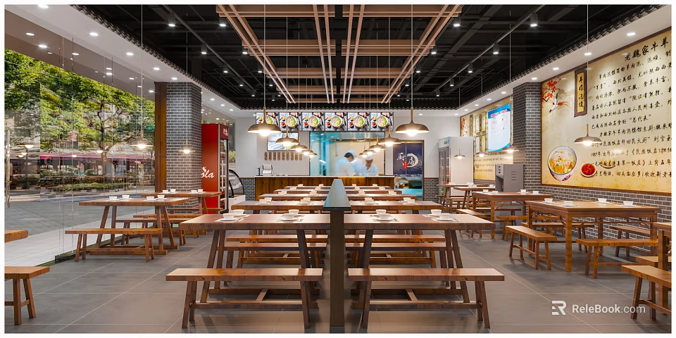 Spacious Restaurant Interior With Wooden Tables Benches Pendant Lights And Open Layout 3d model 