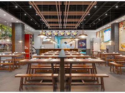 Spacious Restaurant Interior With Wooden Tables Benches Pendant Lights And Open Layout 3d model