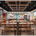 Spacious Restaurant Interior With Wooden Tables Benches Pendant Lights And Open Layout