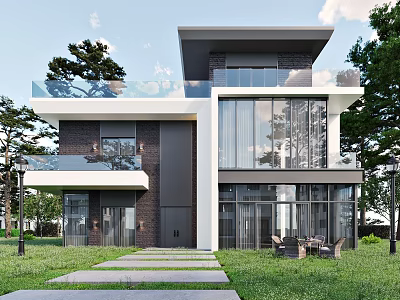 Modern Two Story Detached Villa With Large Glass Windows Balcony Lawn And Stone Path 3d model