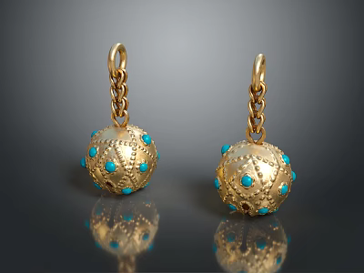 Elegant Gold Earrings With Turquoise Stones Spherical Design And Chain Details 3d model