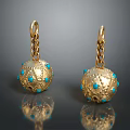 Elegant Gold Earrings With Turquoise Stones Spherical Design And Chain Details