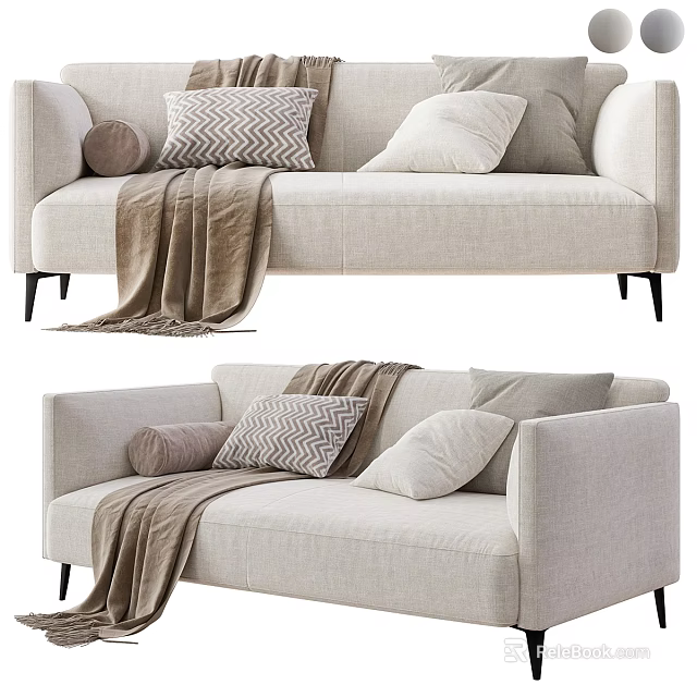 Beige Linen Sectional Sofa With Herringbone Pillows And Soft Throw Blanket 3d model 