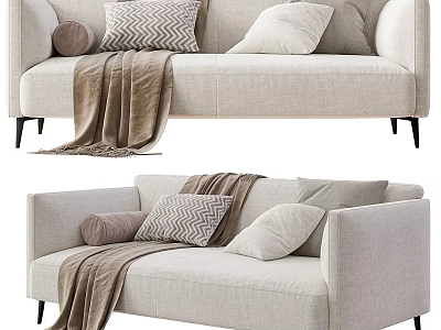Beige Linen Sectional Sofa With Herringbone Pillows And Soft Throw Blanket 3d model