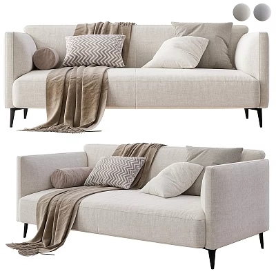 Beige Linen Sectional Sofa With Herringbone Pillows And Soft Throw Blanket 3d model