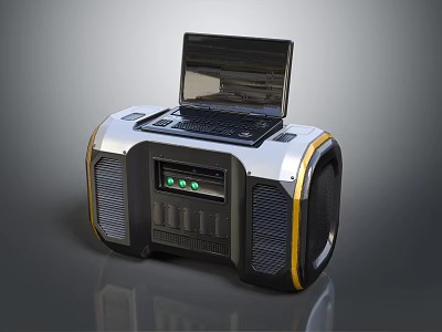 Contemporary Office Appliance with Laptop Control Panel Green Lights Speakers and Silver Black Yellow Accents 3d model