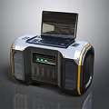 Contemporary Office Appliance with Laptop Control Panel Green Lights Speakers and Silver Black Yellow Accents