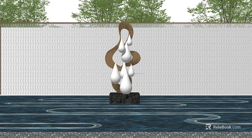 Water Drop Shaped Sculpture On Water Surface With White Wall And Trees 3d model 