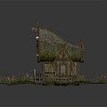 Traditional Wooden House With Gabled Green Roof Decorative Spires And Surrounding Grass
