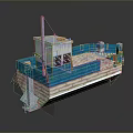 Model Boat Blue And White Hull With Deck Railing Orange Buoys And Small Cabin Design