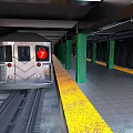 Modern Subway Station Platform With Silver Train Yellow Safety Line And Green Pillars
