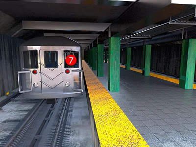 Modern Subway Station Platform With Silver Train Yellow Safety Line And Green Pillars 3d model