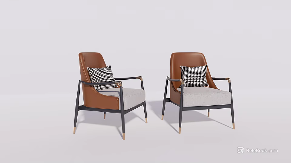 Elegant Single Sofas With Brown Armrests Gray Seats And Checkered Pillows 3d model