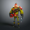 3D Male Character In Yellow Uniform With Red Armor Mechanical Parts And Weapon Gear