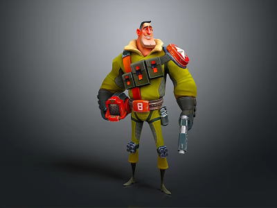 3D Male Character In Yellow Uniform With Red Armor Mechanical Parts And Weapon Gear 3d model