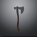 Ornate Silver Axe With Wooden Handle Brown Leather Straps And Decorative Patterns
