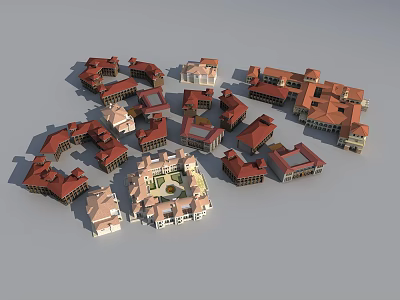 Aerial View Planning of Residential Complex with Red Roofs and Central Courtyard 3d model