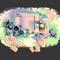 Colorful Cartoon Scenic Building With Multi Layered Structure Green Plants And Decorative Clocks