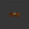 Round Dining Table With Orange Chairs And Various Food Dishes On Wooden Surface