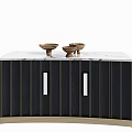 Modern Black Console Cabinet With Gold Vertical Stripes White Handles Marble Top And Wooden Bowls