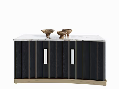 Modern Black Console Cabinet With Gold Vertical Stripes White Handles Marble Top And Wooden Bowls 3d model