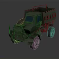 Military Green Truck with Open Cargo Bed Blue Windows Guard Rails and Large Tires
