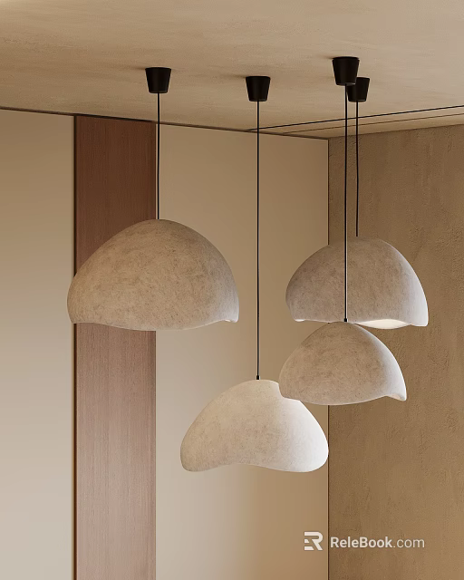 Domed Felt Pendant Lights Hanging in Modern Interior With Wooden Beige Walls Three Decorative Fixtures 3d model 