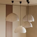 Domed Felt Pendant Lights Hanging in Modern Interior With Wooden Beige Walls Three Decorative Fixtures
