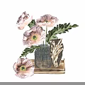 Pink Poppies Arrangement in Glass Vase with Stone Decoration on Wooden Tray