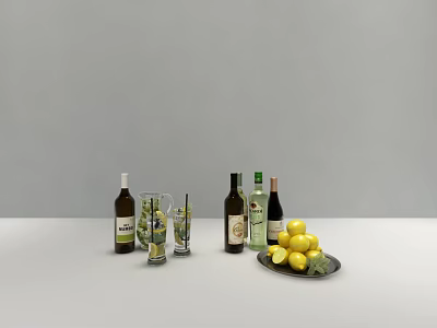 Fresh Lemons on White Countertop with Wine Bottles Glasses Lemon Slices and Straws 3d model