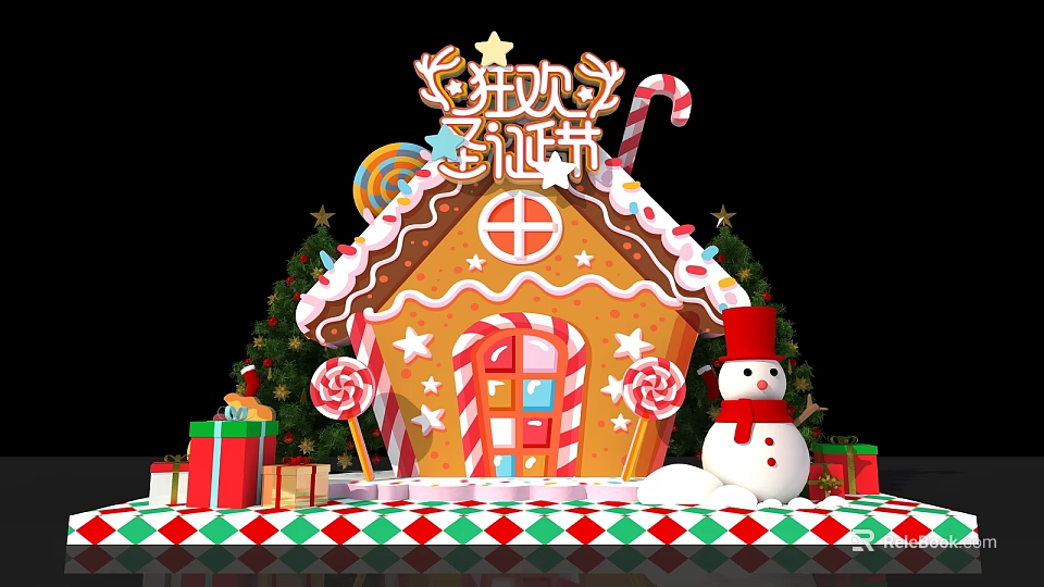 Christmas Gingerbread House Scene With Snowman Trees Gifts And Candy Canes 3d model 