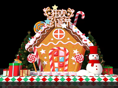 Christmas Gingerbread House Scene With Snowman Trees Gifts And Candy Canes 3d model